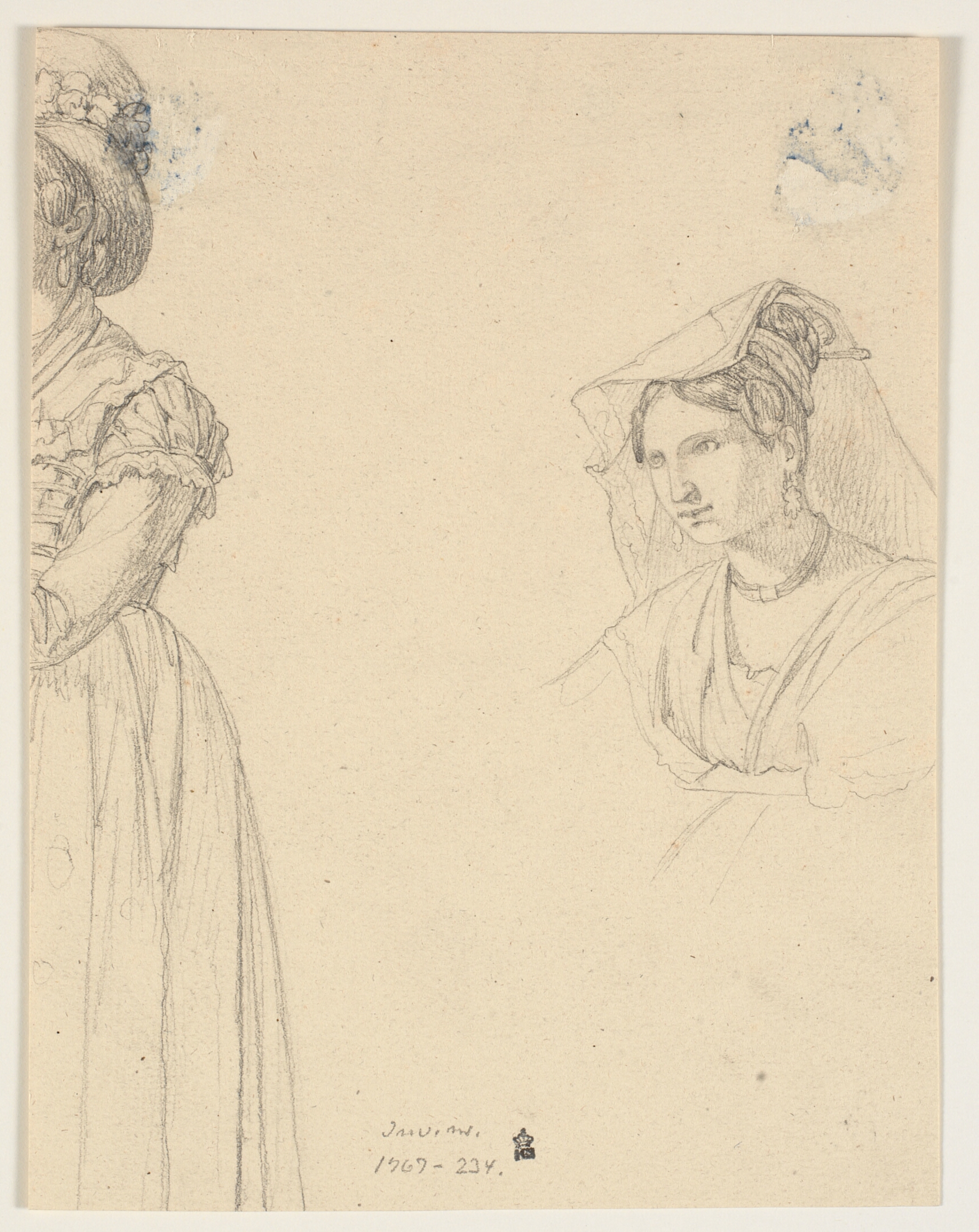 To studier af italienerinder, t.v. en stående kvinde (afskåret), t.h. brystbillede af kvinde med hovedtørklæde